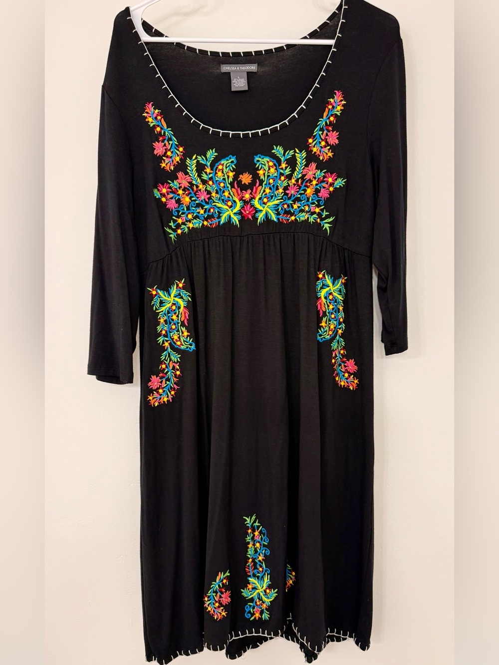 Chelsea & Theodore Black Knit Dress with Vibrant Floral Embroidery